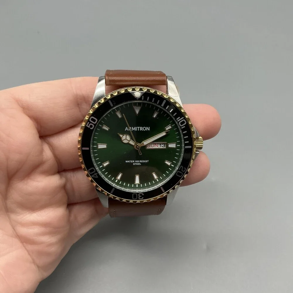 Armitron 20/5483TT Mens Watch 42mm Green Dial Brown Leather Day Date New Battery
